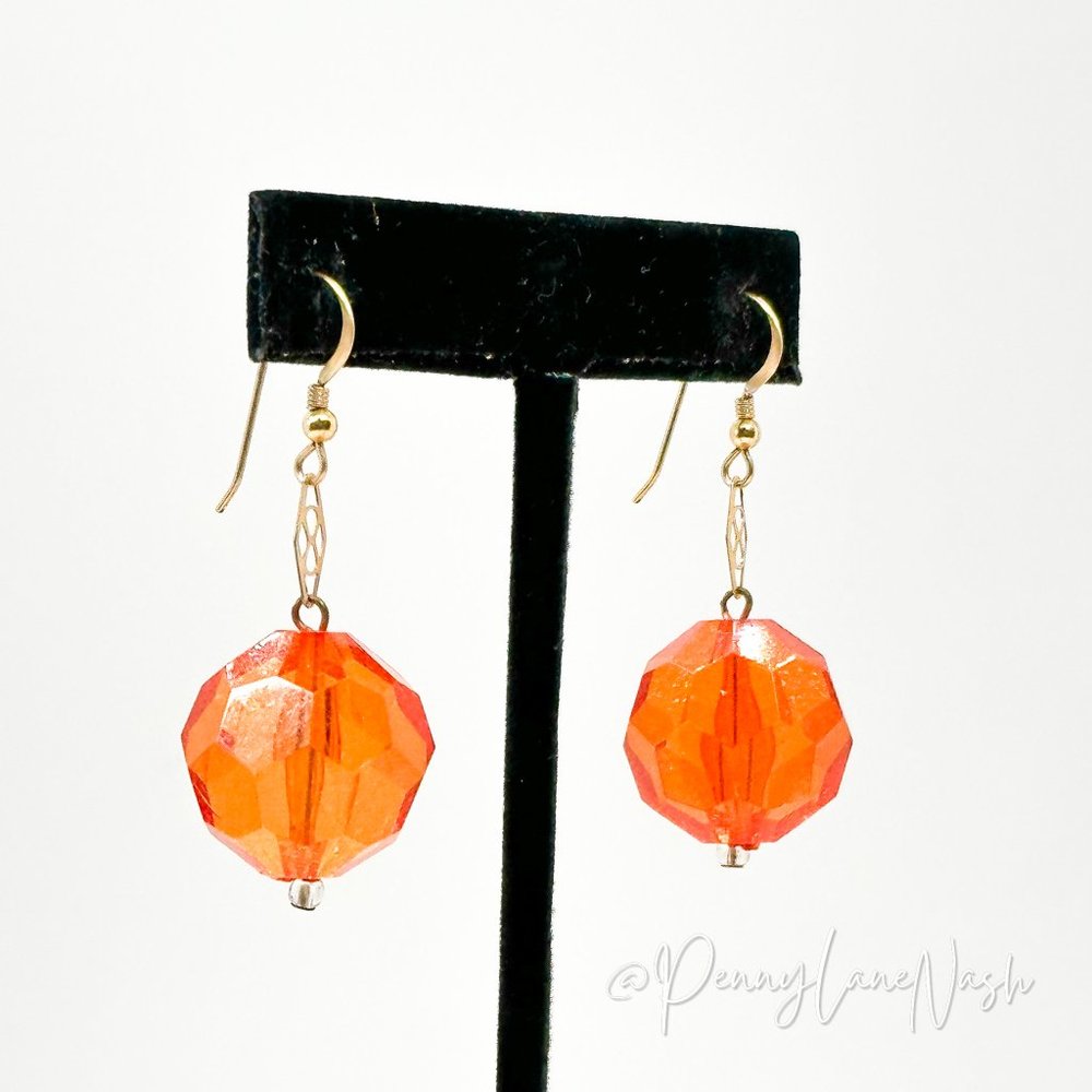 Vintage Single Sphere Orange Bead Dangle Hook Earrings - Picture 3 of 8